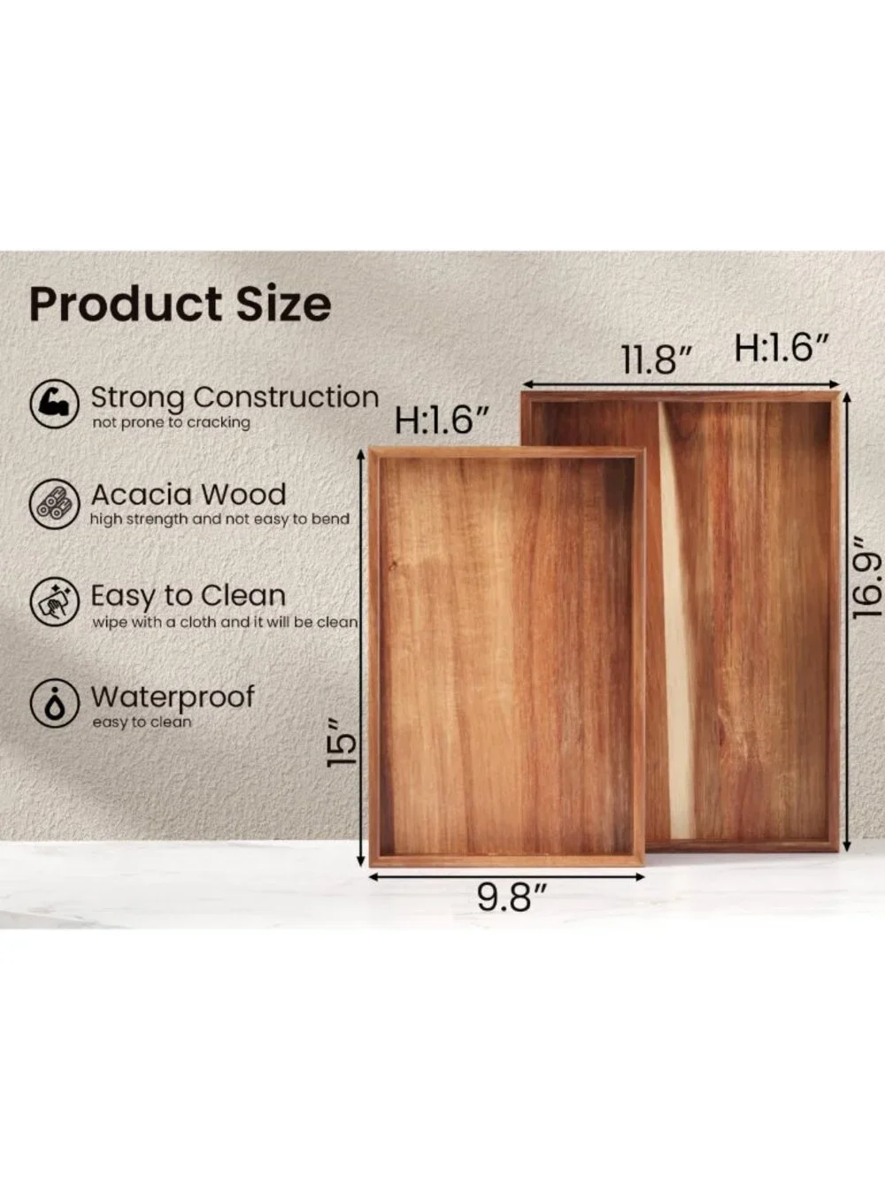 Set of 2 Acacia Wood Serving Trays with Handles - Rustic Kitchen Decor